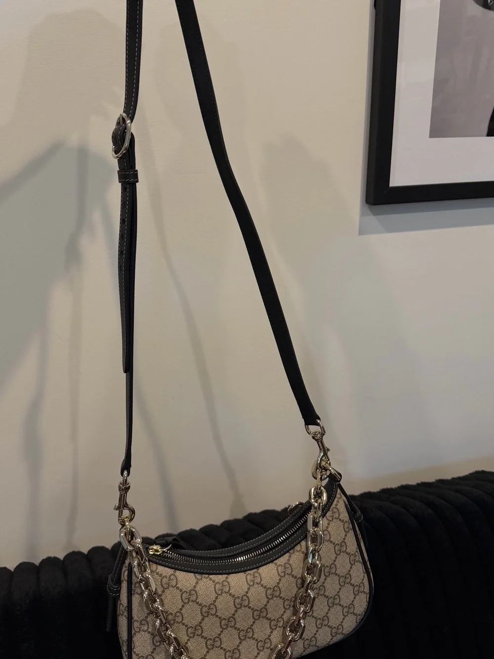 Gucci Beige GG Canvas Shoulder Bag with Gold Chain Trim